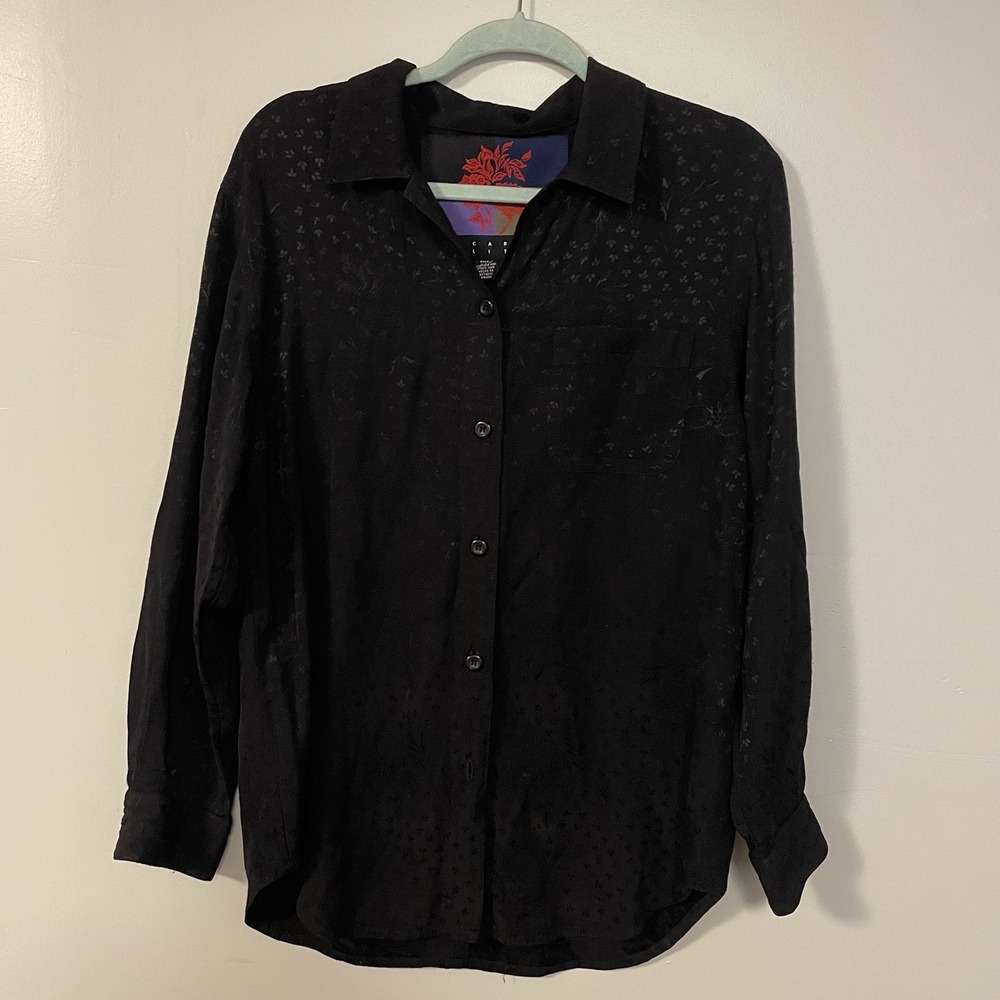 Vintage Carole Little Womens Black Button Shirt Size 8 Long Sleeve Floral Print